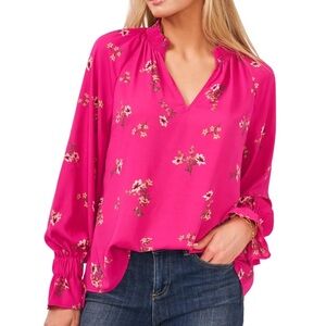 Vince Camuto Womens Smocked Floral Long Sleeve Split Neck Top Pink Medium